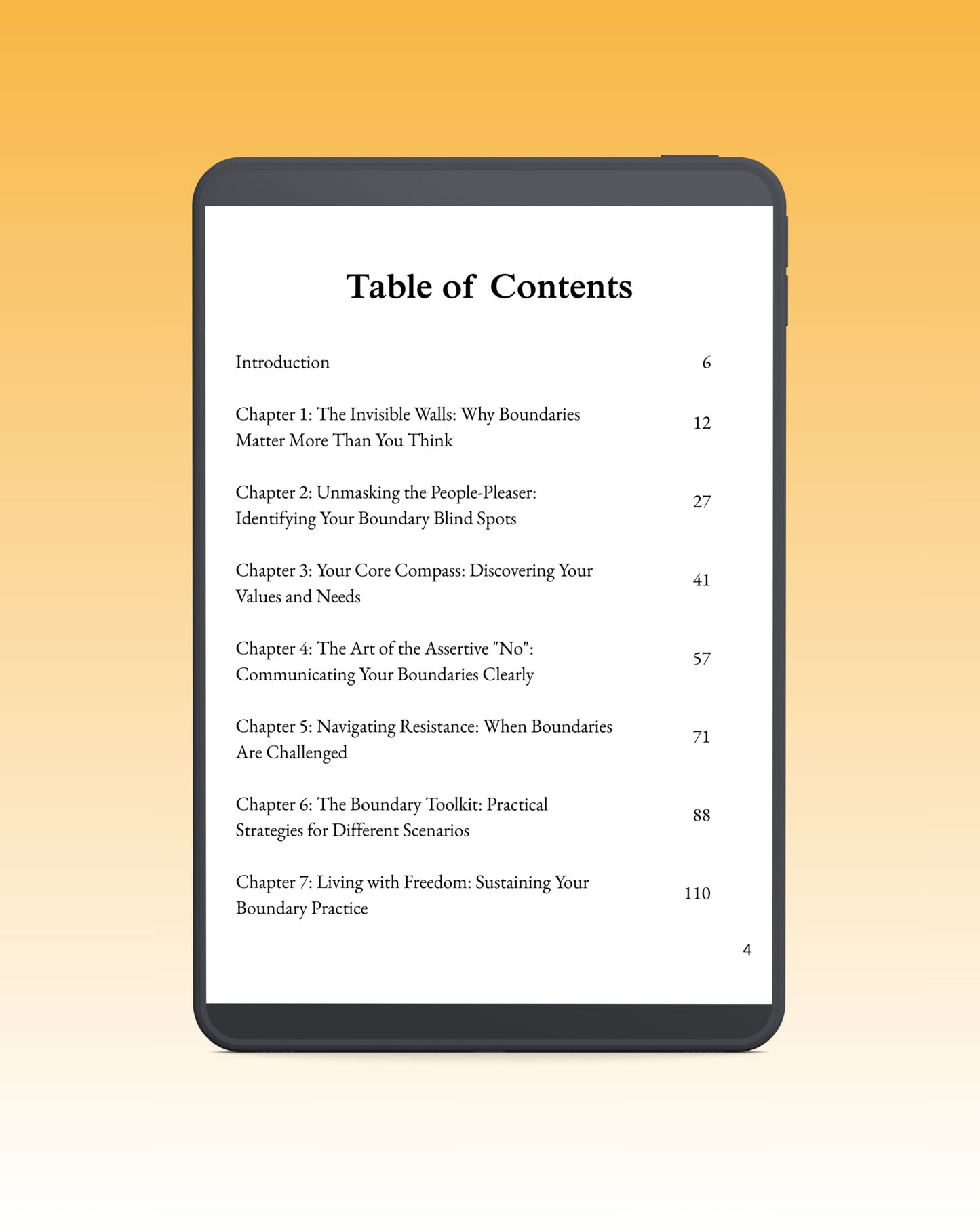 Table of contents on a digital device of boundary blueprint ebook screen with a gradient background