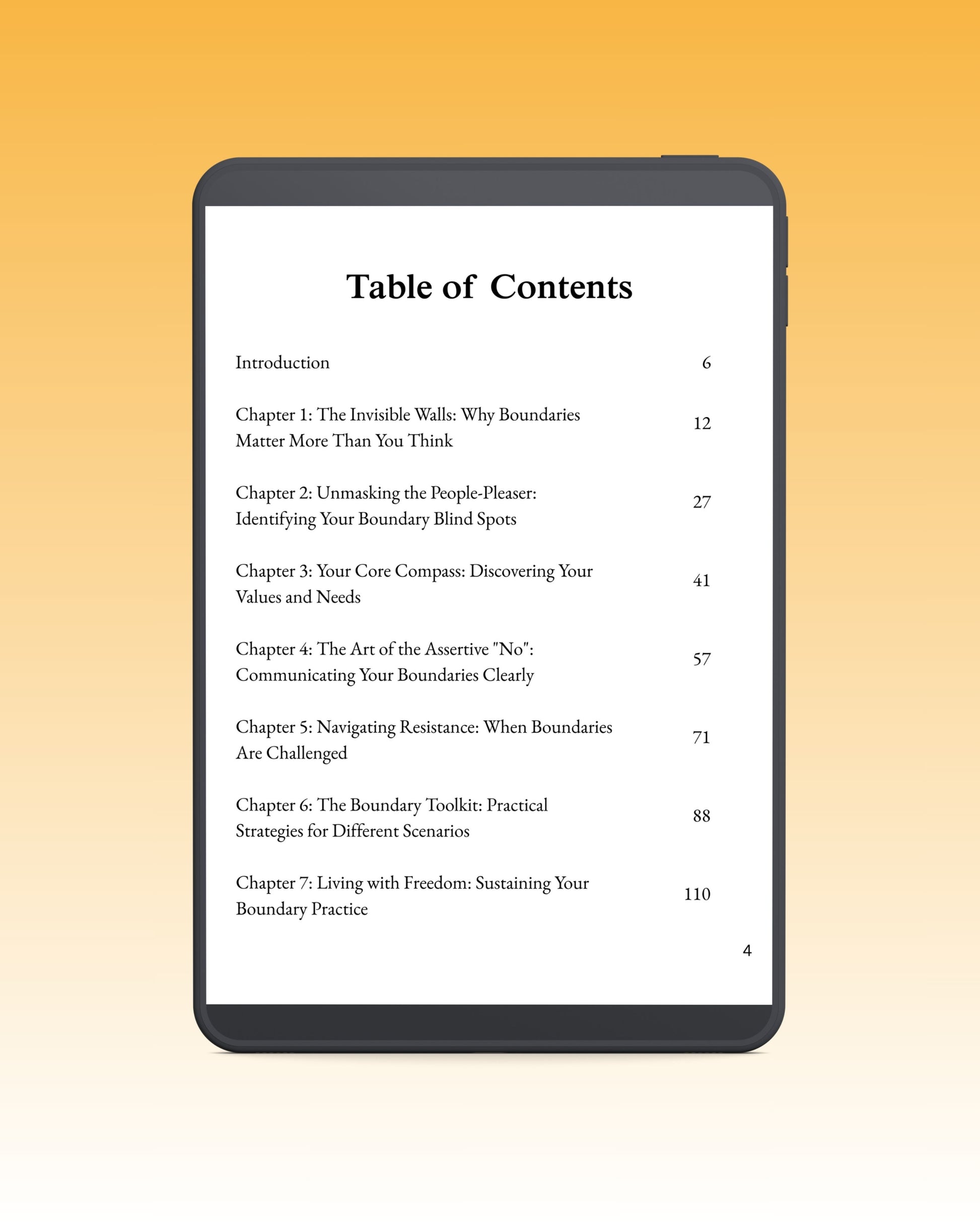 Table of contents on a digital device of boundary blueprint ebook screen with a gradient background
