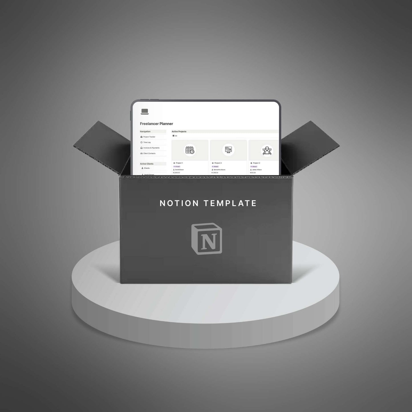 Black box with 'Notion Template' on a gray background