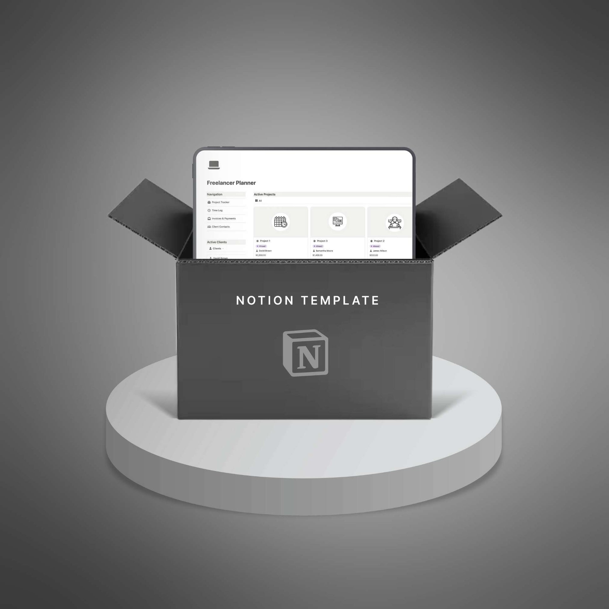 Black box with 'Notion Template' on a gray background