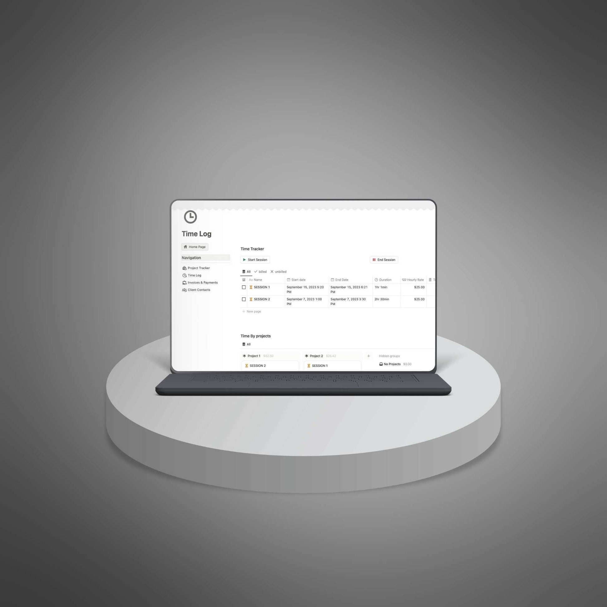 Digital tablet on a stand displaying a time log application against a gray background